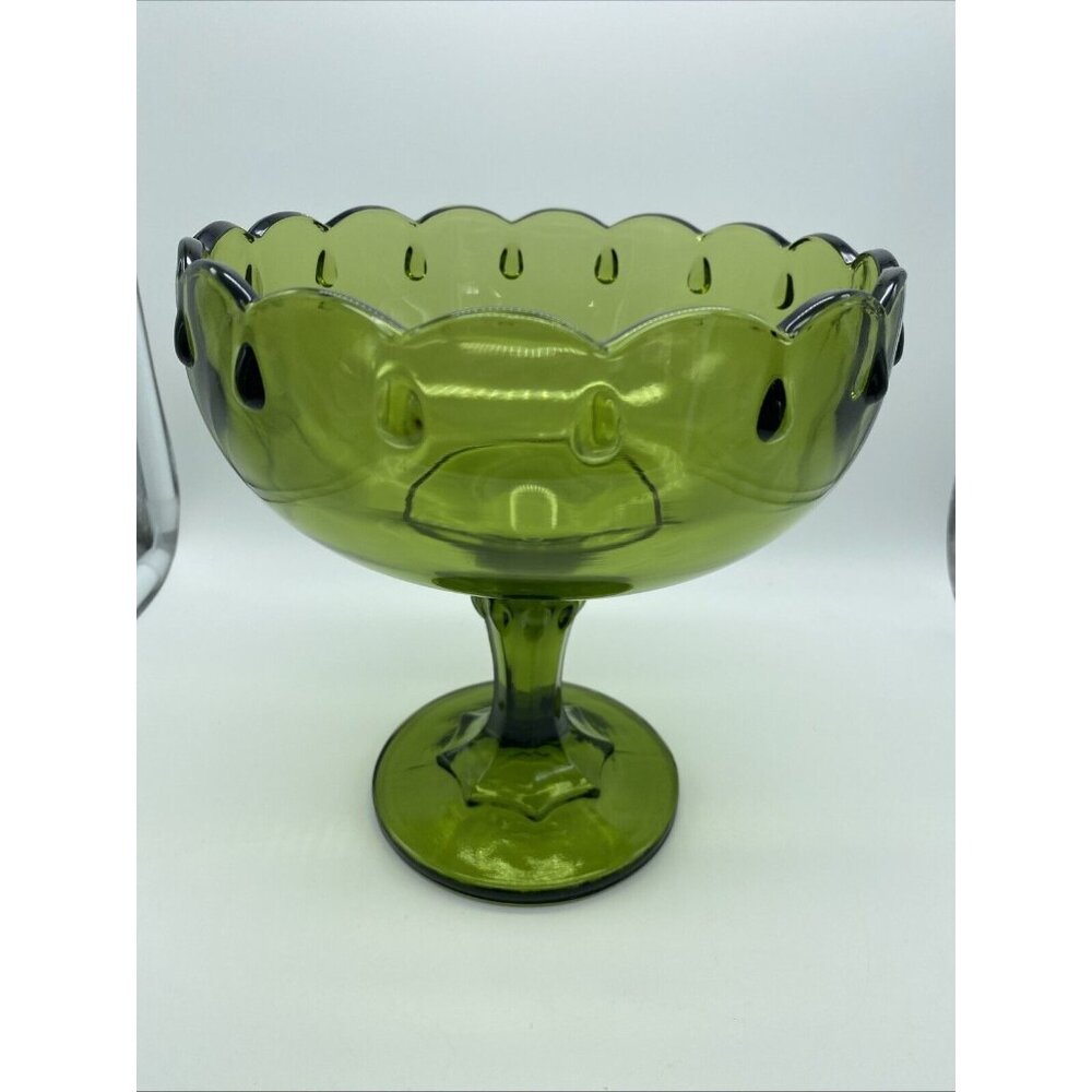 Indiana Glass Teardrop Olive Green Footed Compote 7.75" Tall 7.5" Diameter 1960s - Picture 2 of 9